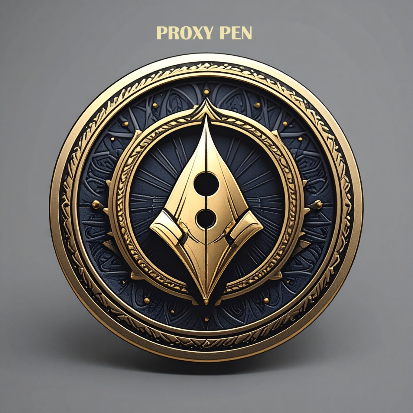 Gold and grey circular emblem featuring a stylized fountain pen nib design.